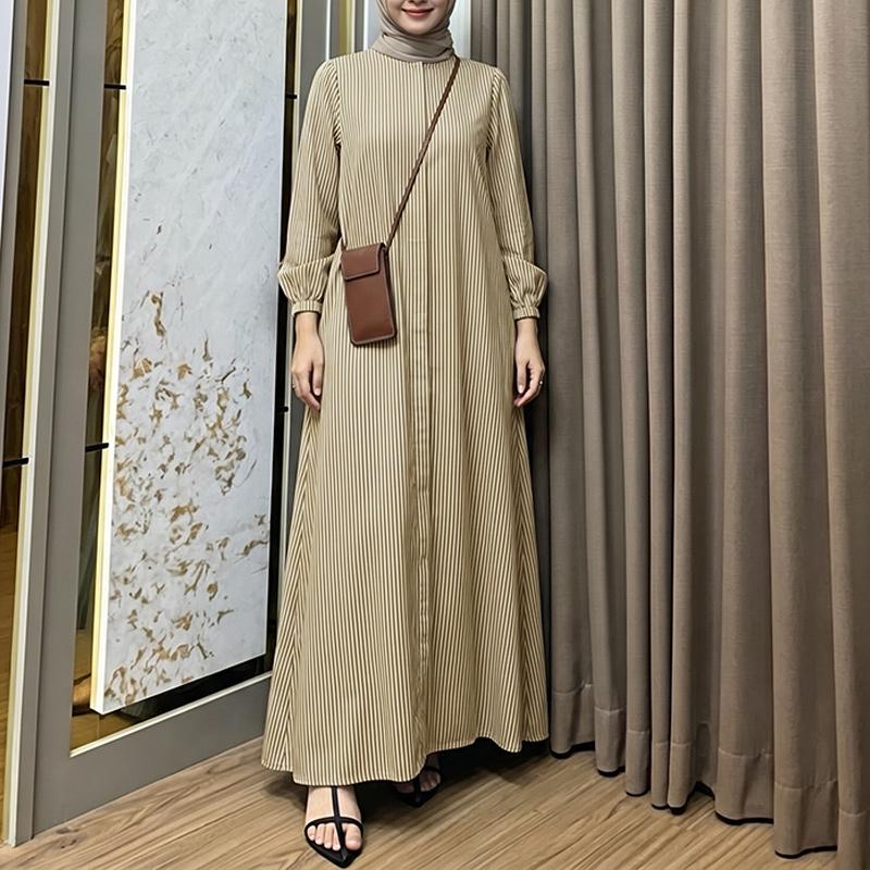 ZANZEA Women Casual Round Neck Loose Long Sleeve Stripe Dress
