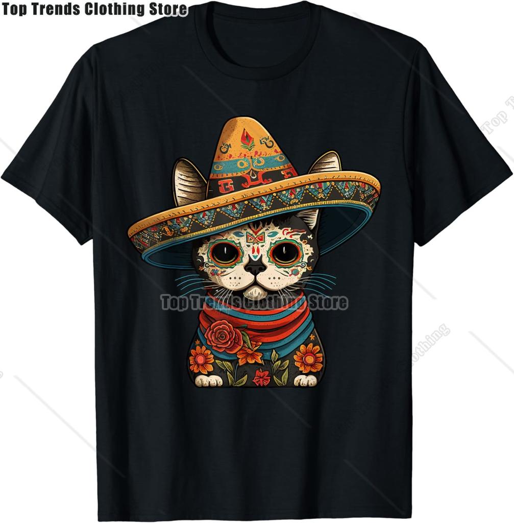 Cute Sugar Skull Cat Dia De Los Muertos Day of The Dead TShirt Mexican Summer Fashion Short Sleeved Tee TopsCasual Tshirt