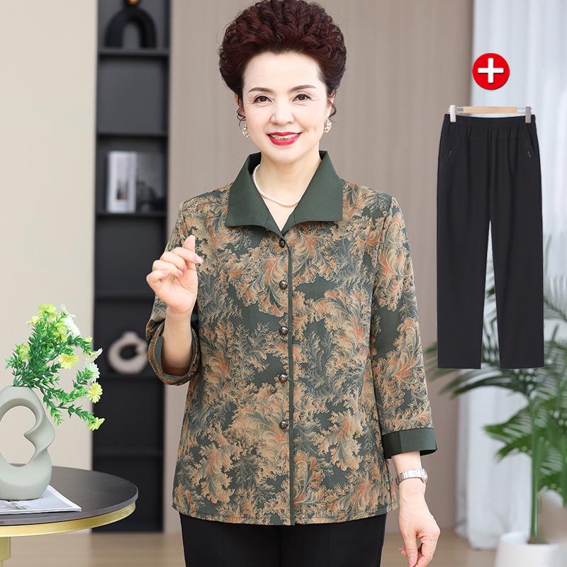 Grandma's Autumn 2025 Fashion: Long-Sleeve Shirt & Three-Quarter Sleeve Set for Middle-Aged and Elderly Women. 