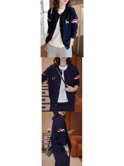 Women's Korean Style Embroidered Color Block Striped Sweater Cardigan