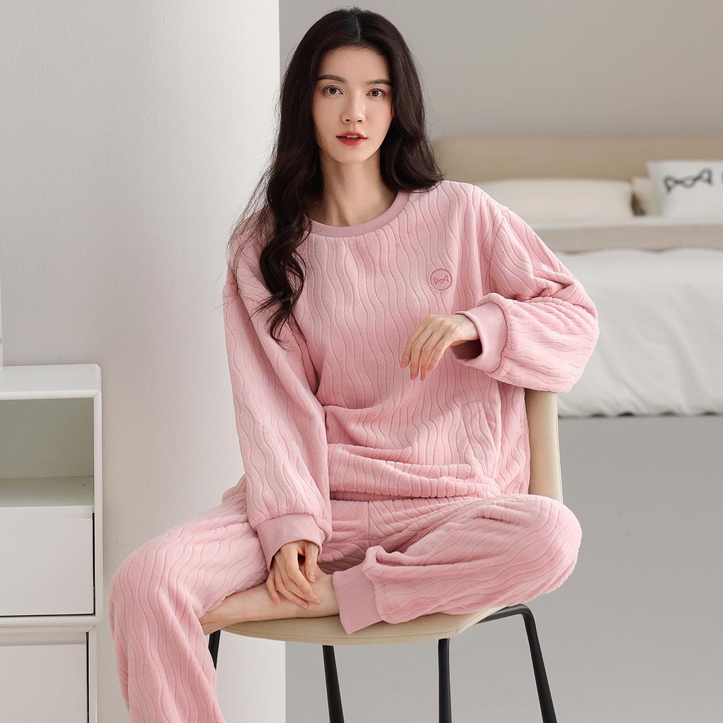 Flannel Pajamas Women'S Autumn And Winter Fleece Thickened Warm Suit Sweet Coral Fleece Loungewear