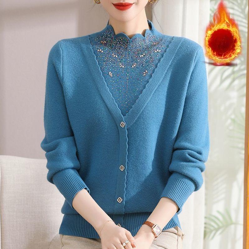 Women's Fleece Sweater Thick Loose Fake Two-Piece Knitted Pullover Sweater Rhinestone Soft Warm Flocked Knit Top Autumn Winter