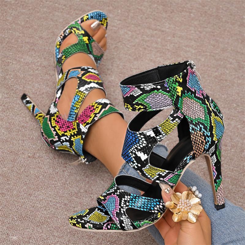 Large size shoes European and American snake pattern colored sandals stiletto rear zipper hollow sexy high heels