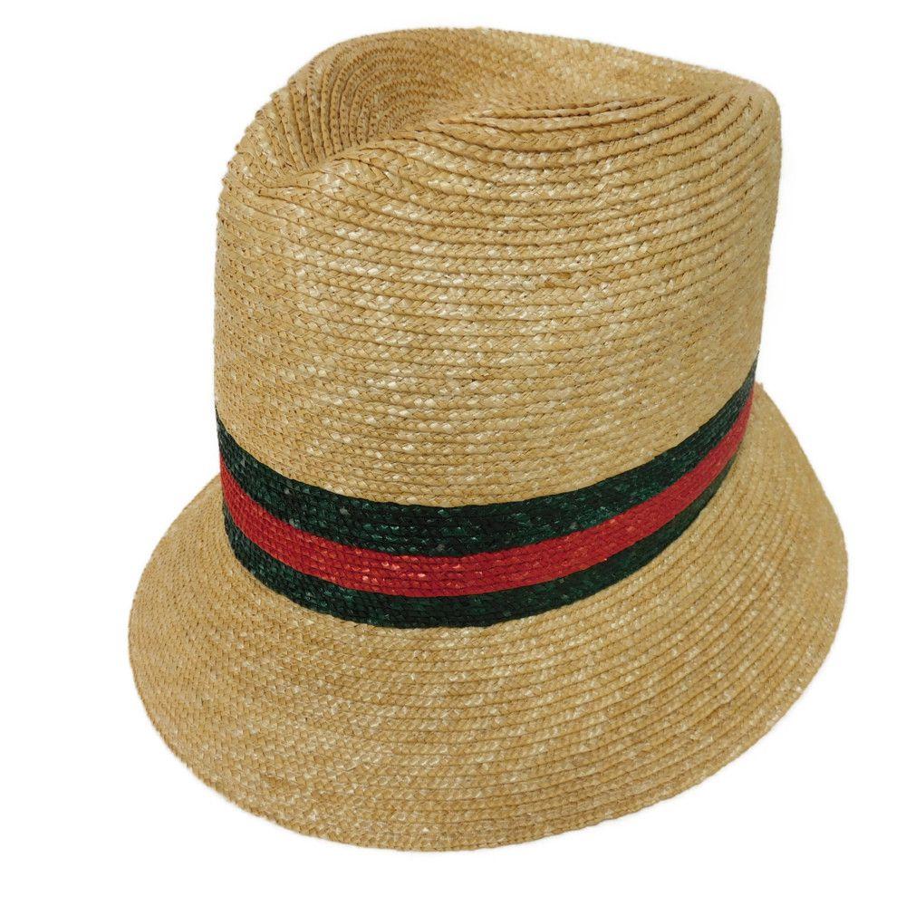 Used 9539 Woven Straw Hat 434760 K0M00 9666 7919 Sherry Green Red Straw Medium 22.4" Unused Web Stripe Natural Women's