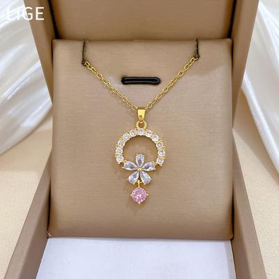 Titanium Steel, Round Flower Fringed Zircon Temperament Gorgeous Full Diamond Necklace Female Versatile Collarbone Chain Titanium Steel Chain