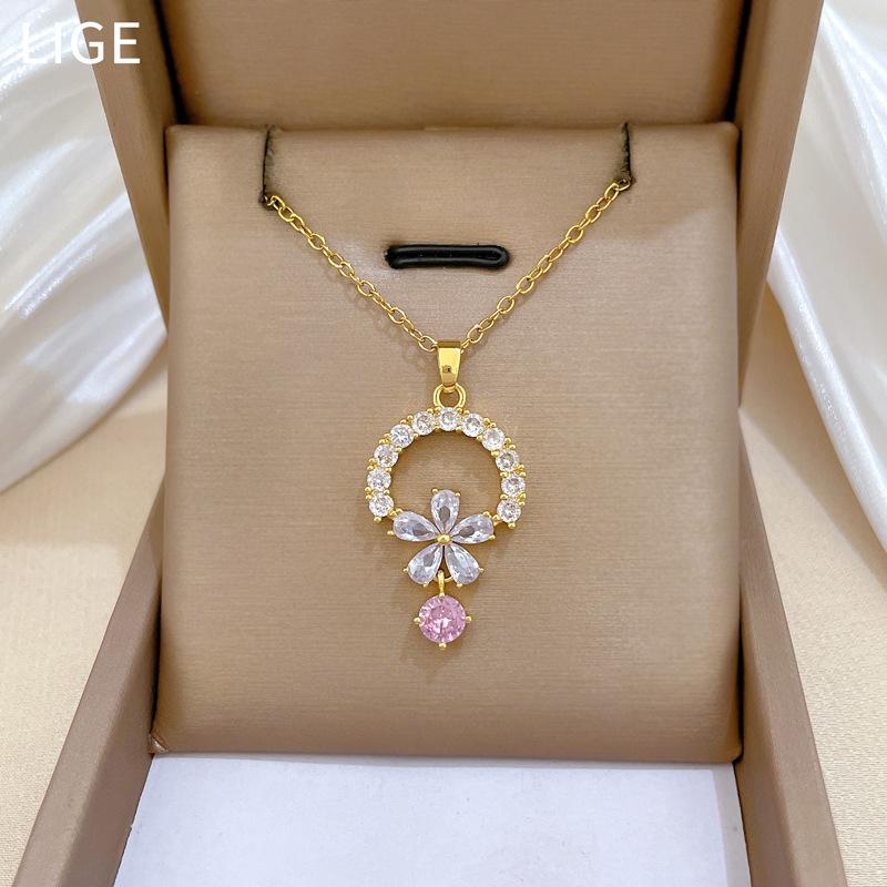 Titanium Steel, Round Flower Fringed Zircon Temperament Gorgeous Full Diamond Necklace Female Versatile Collarbone Chain Titanium Steel Chain