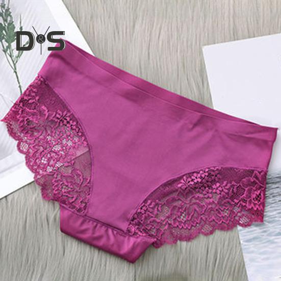 Damen Slips in Volltonfarbe mit mittelhoher Taille, durchsichtige Stickerei, Spitzennähte, nahtlose Höschen aus Eisseide, Unterwäsche