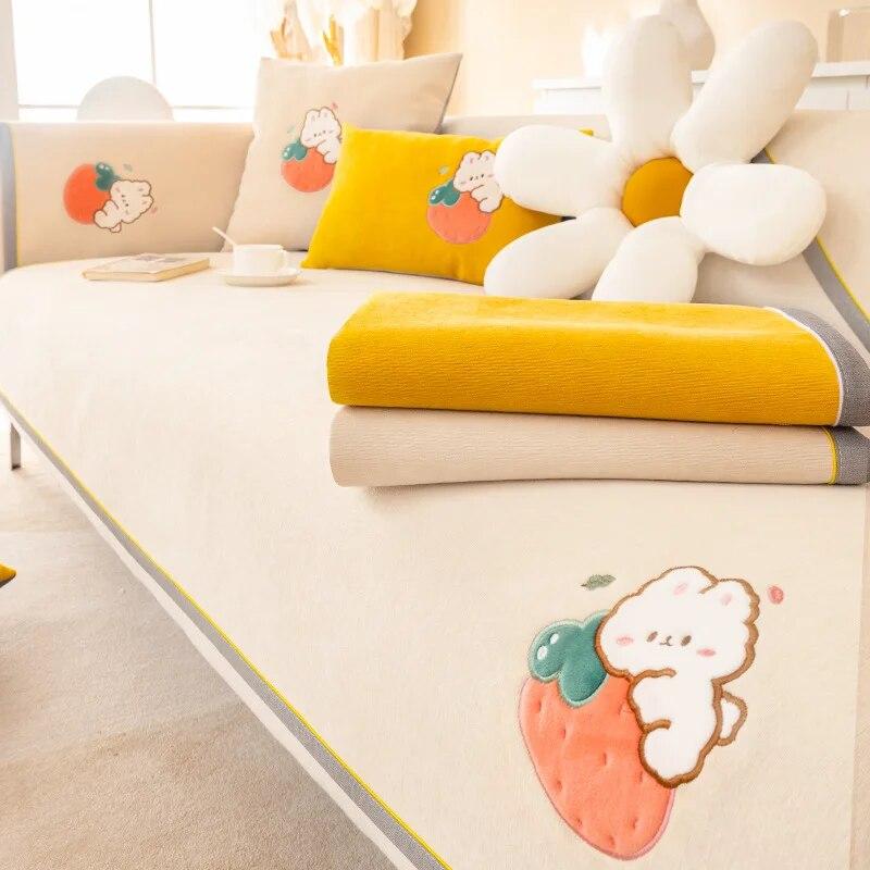 Cartoon Rabbit Sofa Cushion Non-Slip Thickening Sofa Cover Cushion Chenille Living Room Sofa Cover Universal Solid Color Mat