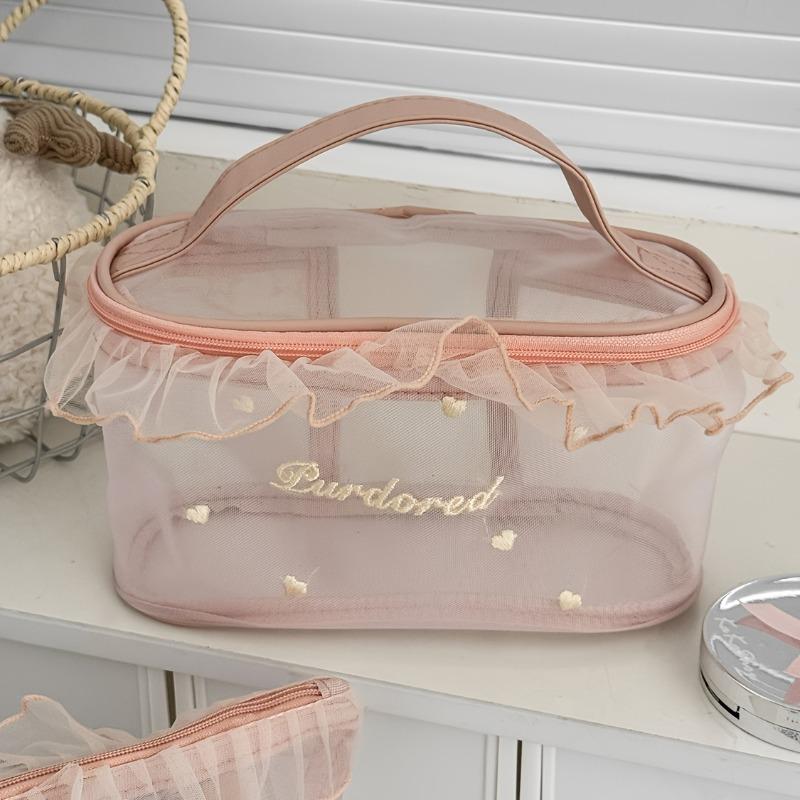 Cute Ruffle Love Embroidery Mesh Makeup Bag, Lightweight Portable Travel Cosmetic Storage Pouch