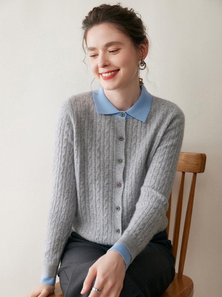 Women's Cashmere Blend Two-Tone Cable Knit Cardigan, Faux Two-Piece, Fold-Over Sweater, Loose Wool Coat