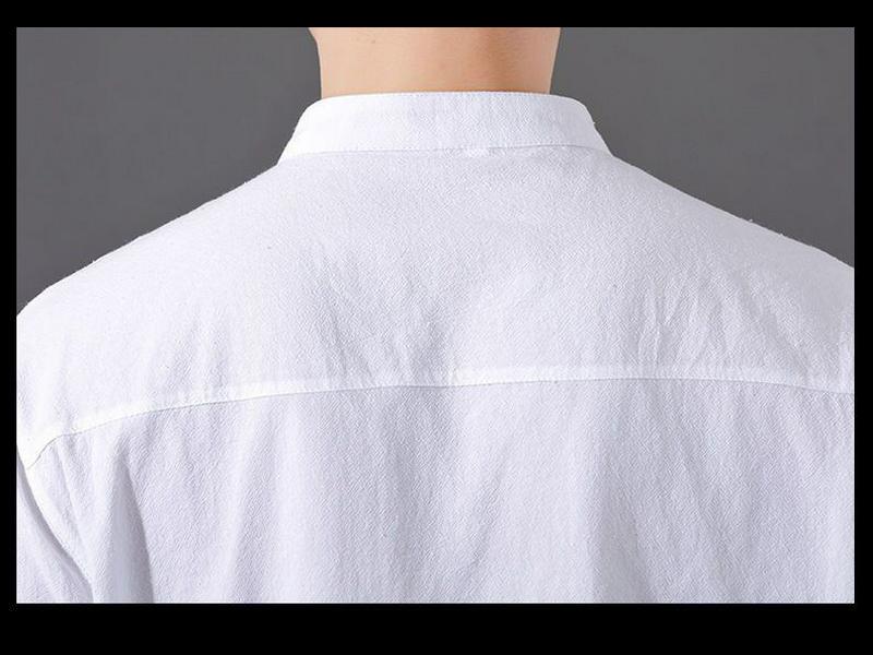 Men's Trendy Summer Cotton-Linen Stand Collar Shirt, Short-Sleeved, Loose Fit