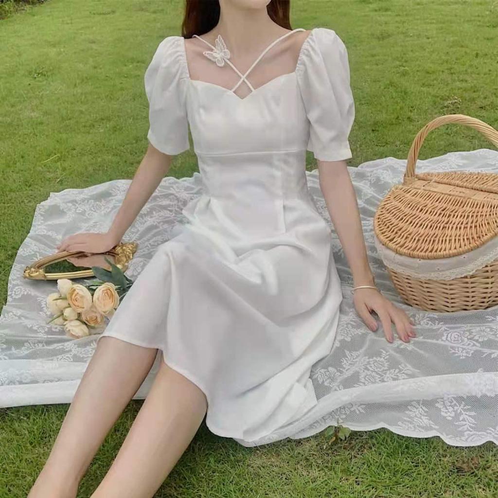 French Forest Style Square Neck White Dress - Waist-Cinching, Slimming, Gentle Summer Fairy Dress