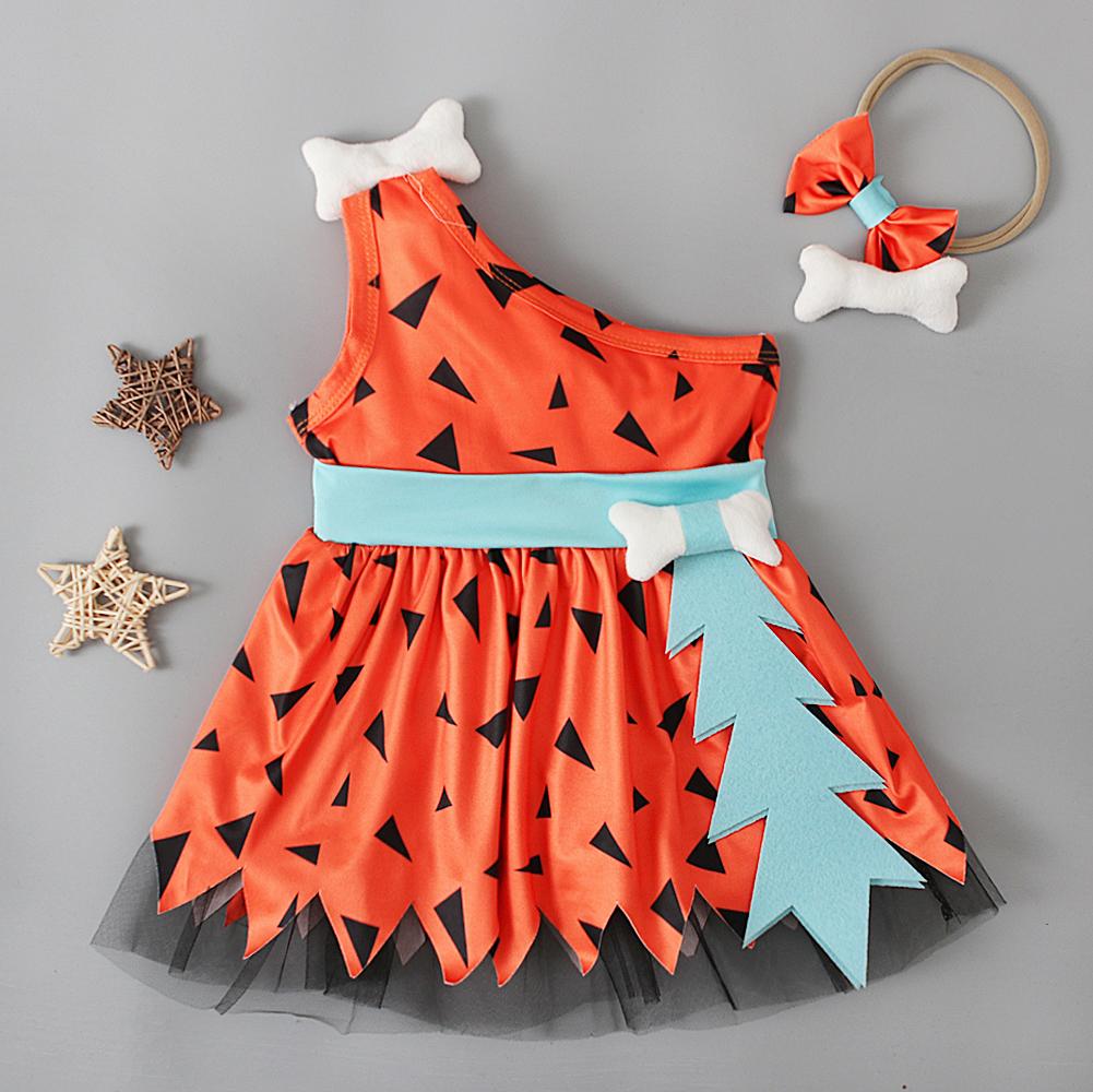 Baby Kids Girls Triangle Printed One Shoulder Tulle Dress with Bowknot Headband Cosplay Costume Clothes for 0.5-5 Years