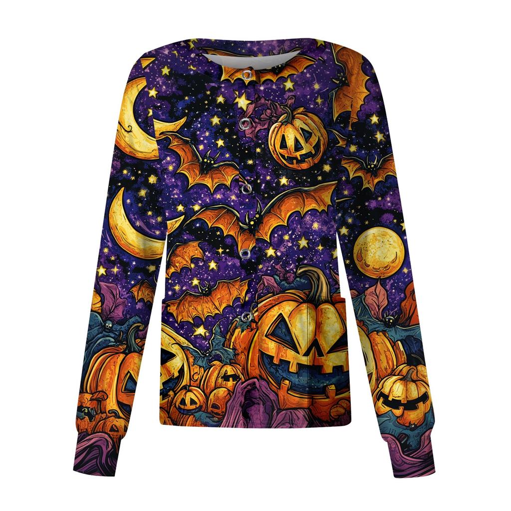 Women's Casual Long Sleeve Single Button Shirt Halloween Pumpkin Print Nurse Uniform Top Comfortable Fit Lightweight Fabric