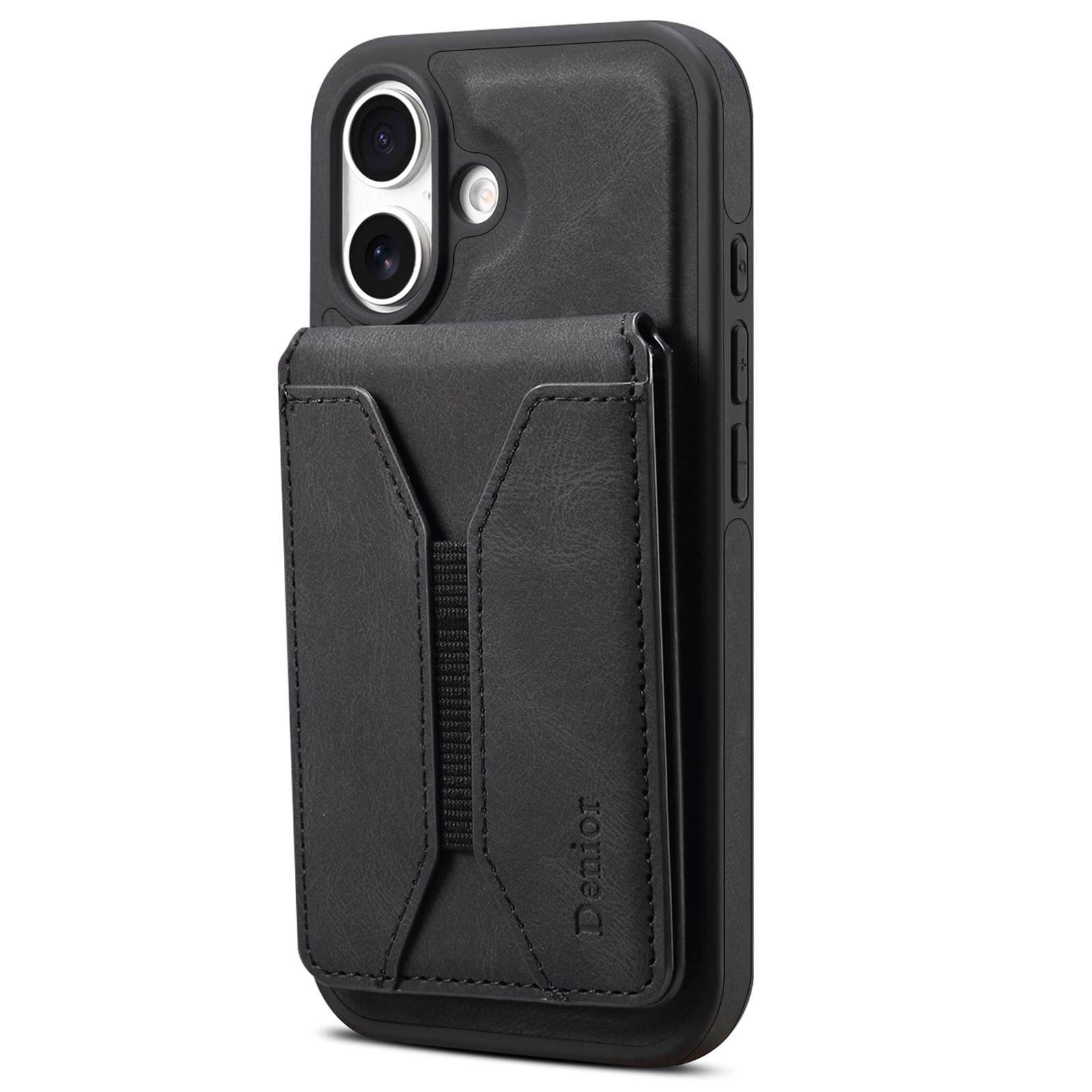 

DENIOR D18 For iPhone 16 Case Ring Kickstand Leather+PC+TPU Phone Cover Card Holder Black