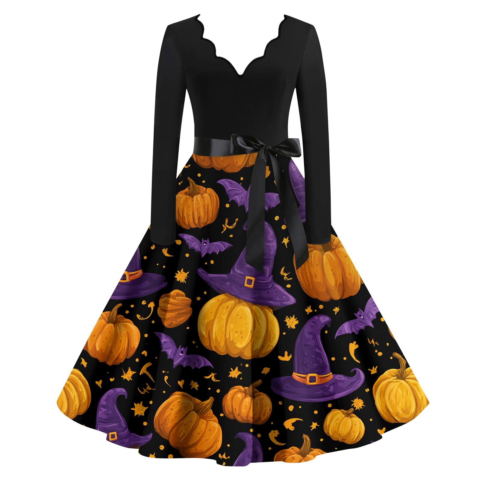 

Женские модные платья с волнистым краем, V-образным вырезом, повседневные, облегающие, с принтом на Хэллоуин, с длинным рукавом XXL