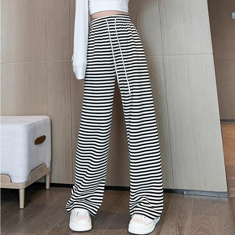 Petite High Waist Zebra Striped Wide Leg Knit Pants - Black & White, Women's Spring/Autumn