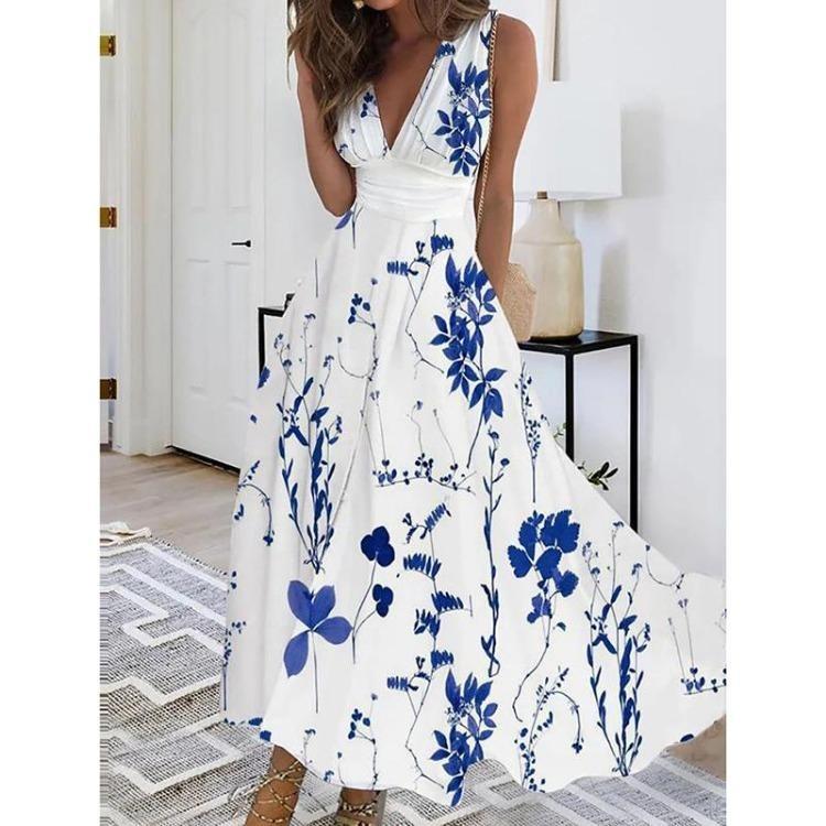 Women's Plus Size Boho Summer Beach Floral V Neck Maxi Vest Dress for Ladies