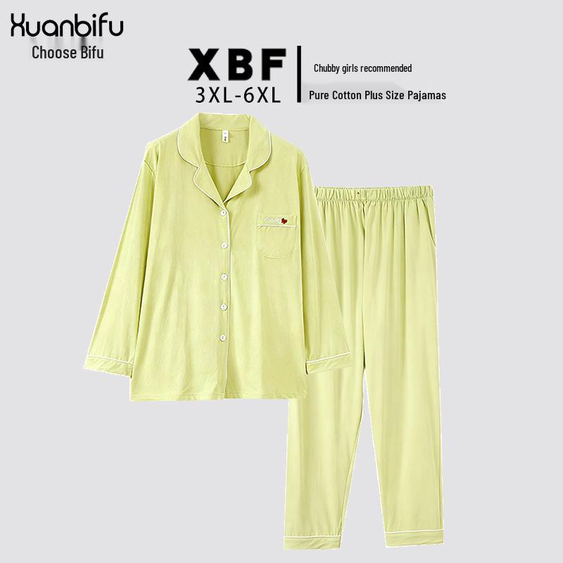 

Хлопковый пижамный комплект большого размера с лацканами и длинными рукавами для женщин (200 фунтов) - Весна/Осень, Однотонный, Очень большой размер, Свободный крой 3XL (suggested for 120-160 lbs) зелёный