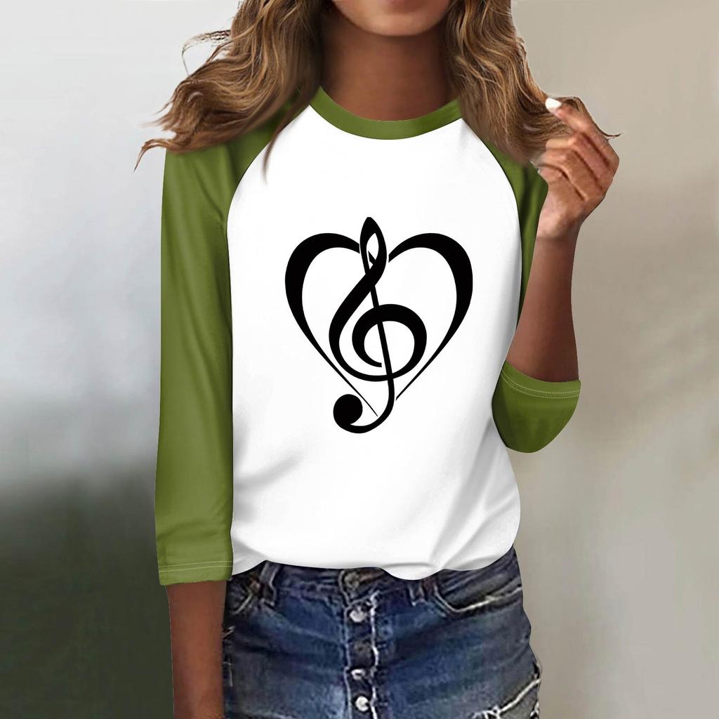 Damenmode Lässiges T-Shirt O-Ausschnitt Siebenärmel Bedrucktes Knopf-Top