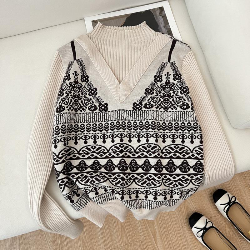 Real shot fake two-piece jacquard sweater autumn and winter semi-turtleneck knitted top One size fits all абрикосовый