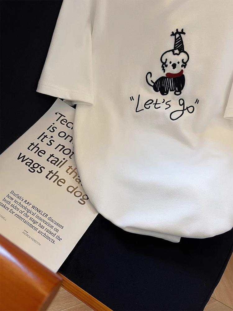 Women's White Embroidered Puppy Short Sleeve T-shirt - Spring 2025 Casual Top