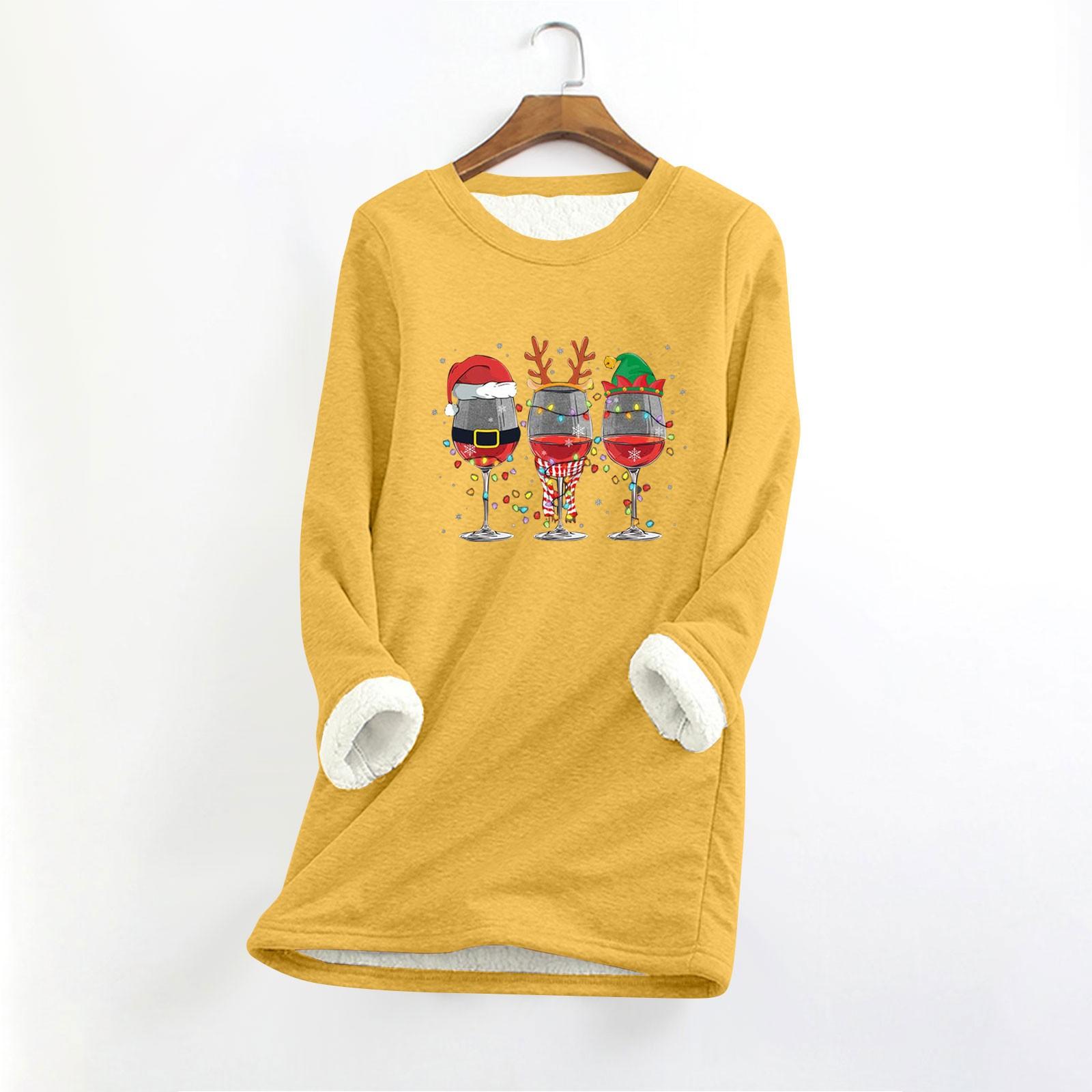 

Женский круглый вырез с длинным рукавом и рождественским принтом, утолщенный плюшевый кашемировый теплый длинный топ XL жёлтый