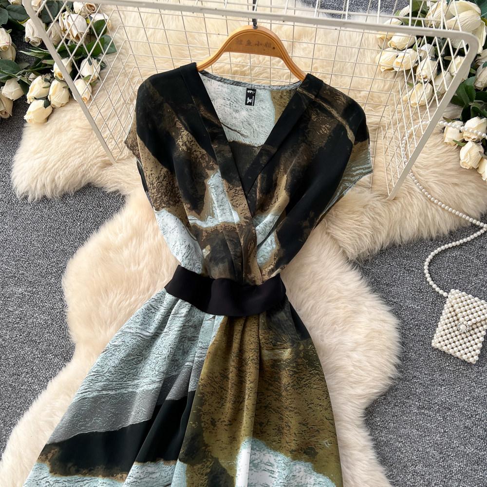 Commute Sleeveless Printed Dress Women Spring New High Waist Slim A Line Long Dress Luxury Design Sense