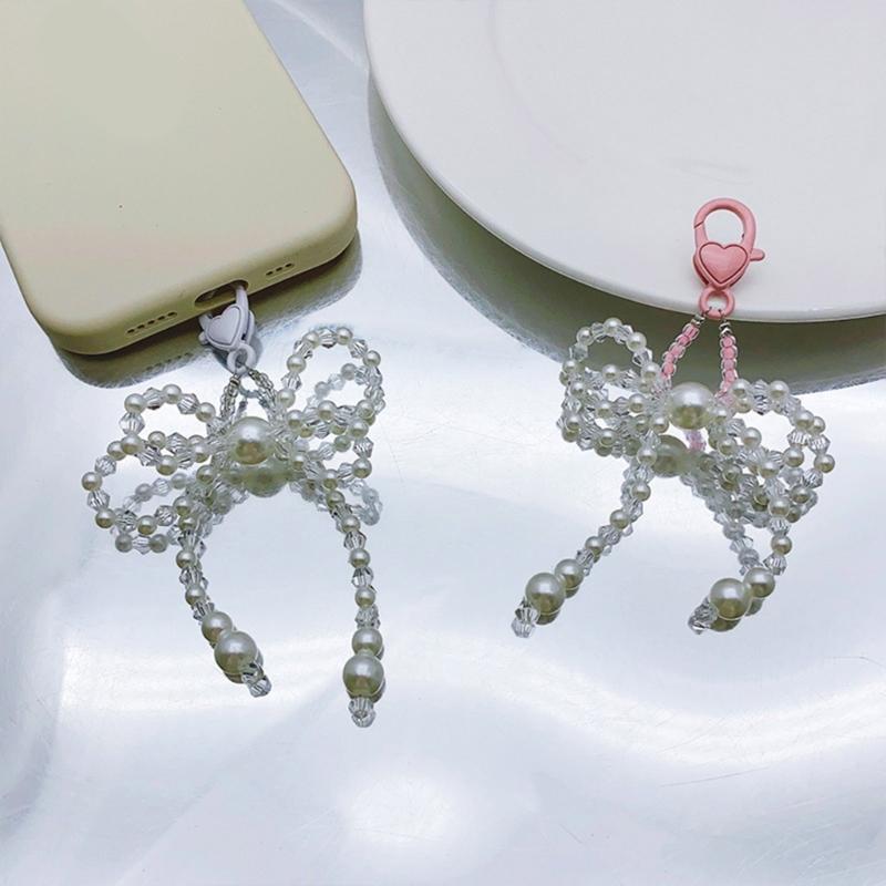Y2K Crystal Beaded Bowknot Pendant Phone Strap Lanyard Pocket Keychain Strap Backpack Charm Car Keys Decoration Chain