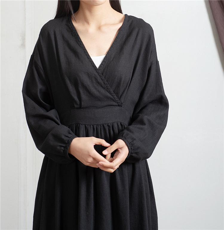 Women's Washed Bamboo Linen Chinese-Style Dress with Waist Seal, Available In 3 Colors