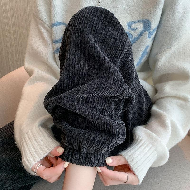 Coffee Corduroy Pants Women's Autumn and Winter New High Waist Fleece Sweatpants Casual Tie Feet Thickened Sweatpants