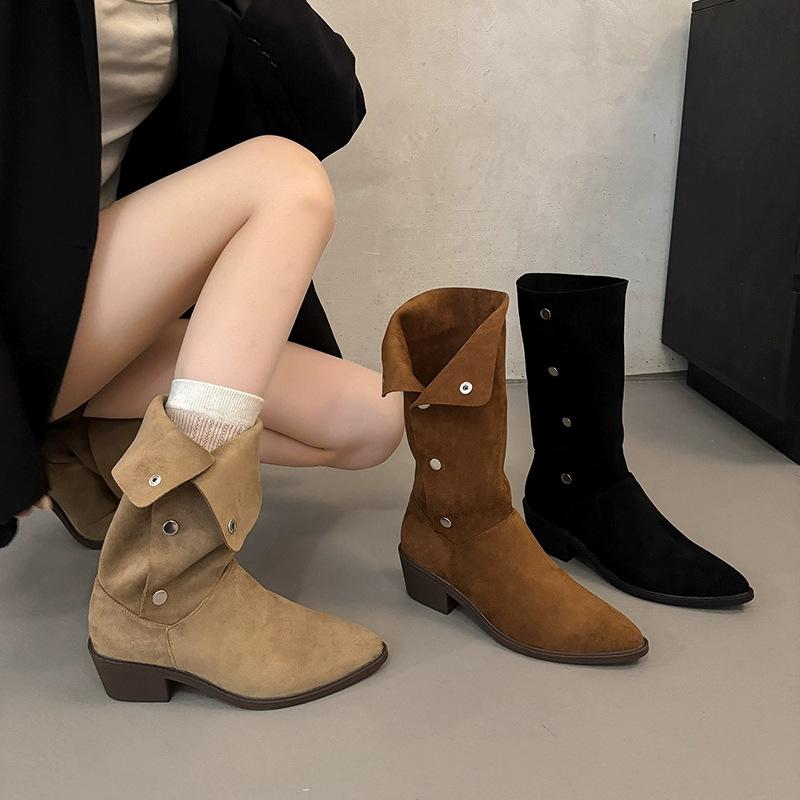 Cowhide version short boots women's folded western short boots women's autumn and winter pointed thick heel thin fashion boots