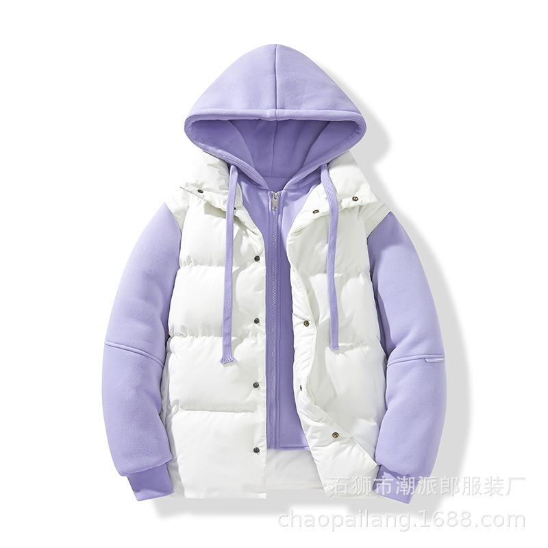 Winter new fake two-piece couple hooded cotton-padded clothes trendy brand wear warm cotton-padded jackets