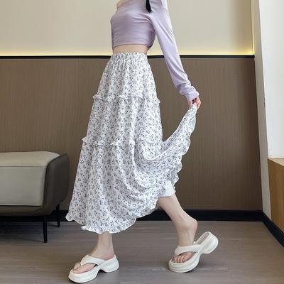Women's Spring and Summer New Korean Retro Beige Floral High Waist A-line Skirt Casual Lazy Style Long Skirt