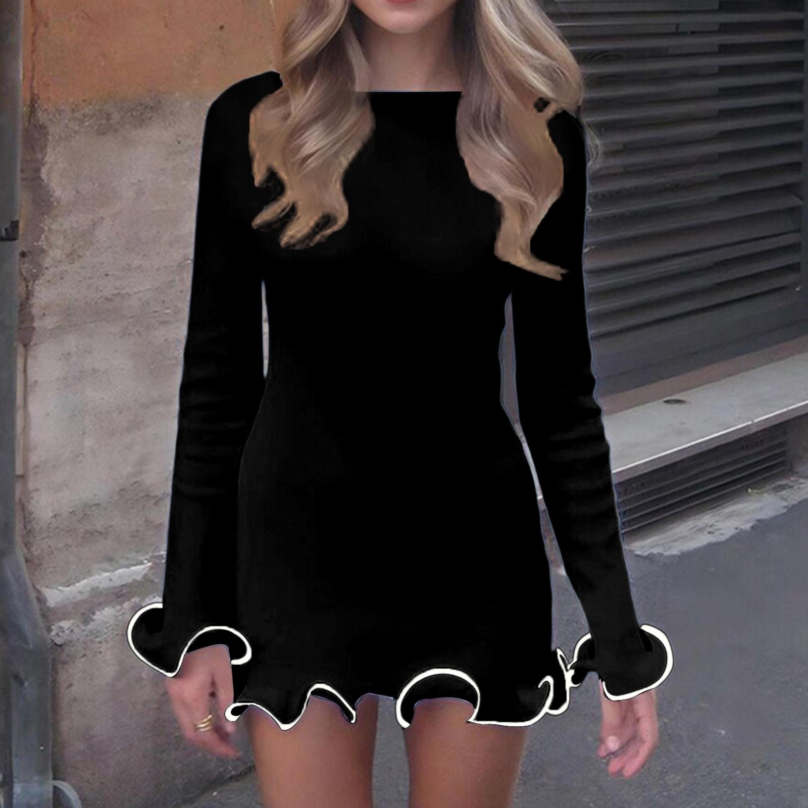 

Женская однотонная сексуальная облегающая короткая юбка с оборками, вязаное платье с подвернутыми манжетами и длинными рукавами XL чёрный