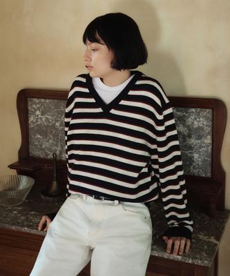 Siyajyu Sikn2174 Multi-Stripe V-Neck Knit_Navy