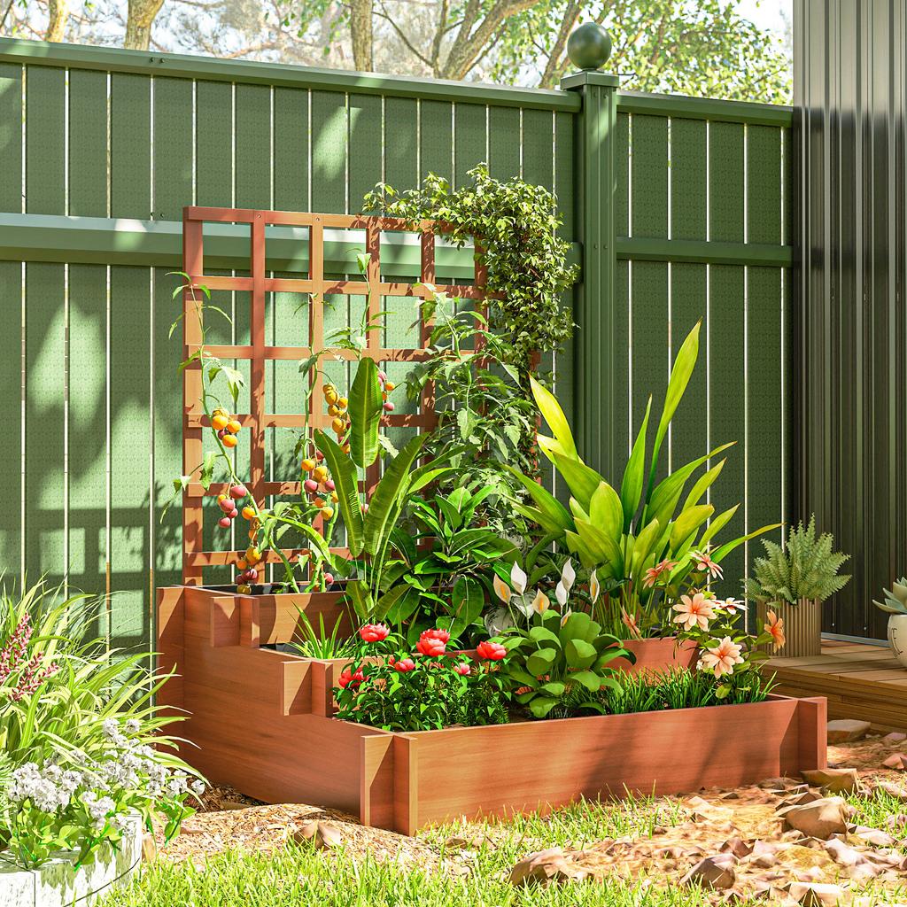 3 Tier Garden Planters with Trellis for Vine Climbing, Wooden Raised Beds, 95x95x110cm, Brown
