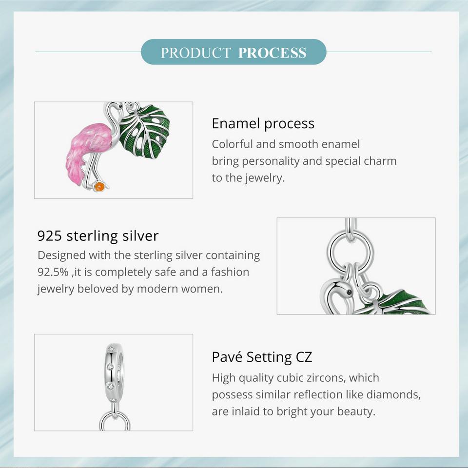 Bamoer 925 Sterling Sølv Firkløver Charms Perler med grønn emalje passform Europeiske armbånd DIY Mango/Kaktus/Flamingo
