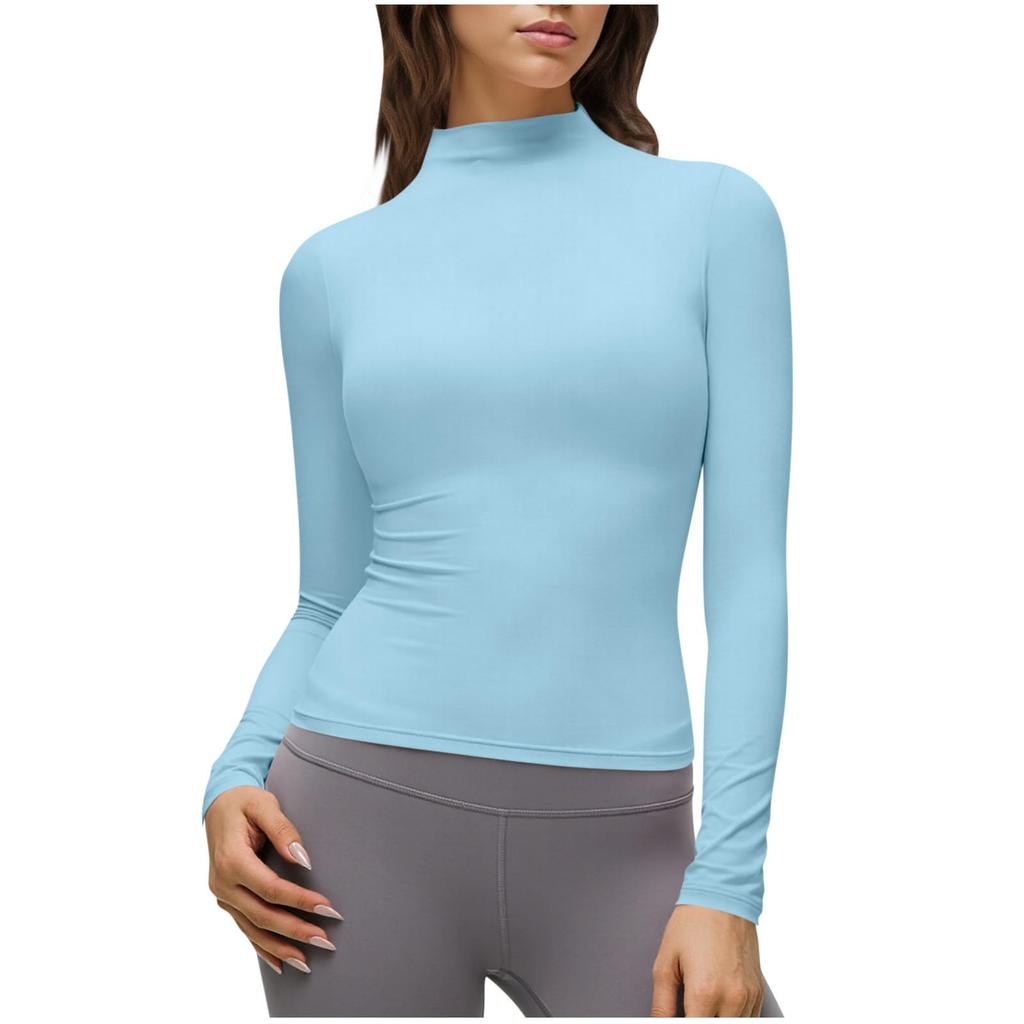 Women's Casual Long-Sleeve Semi-Turtleneck Fitted Stretch T-Shirt