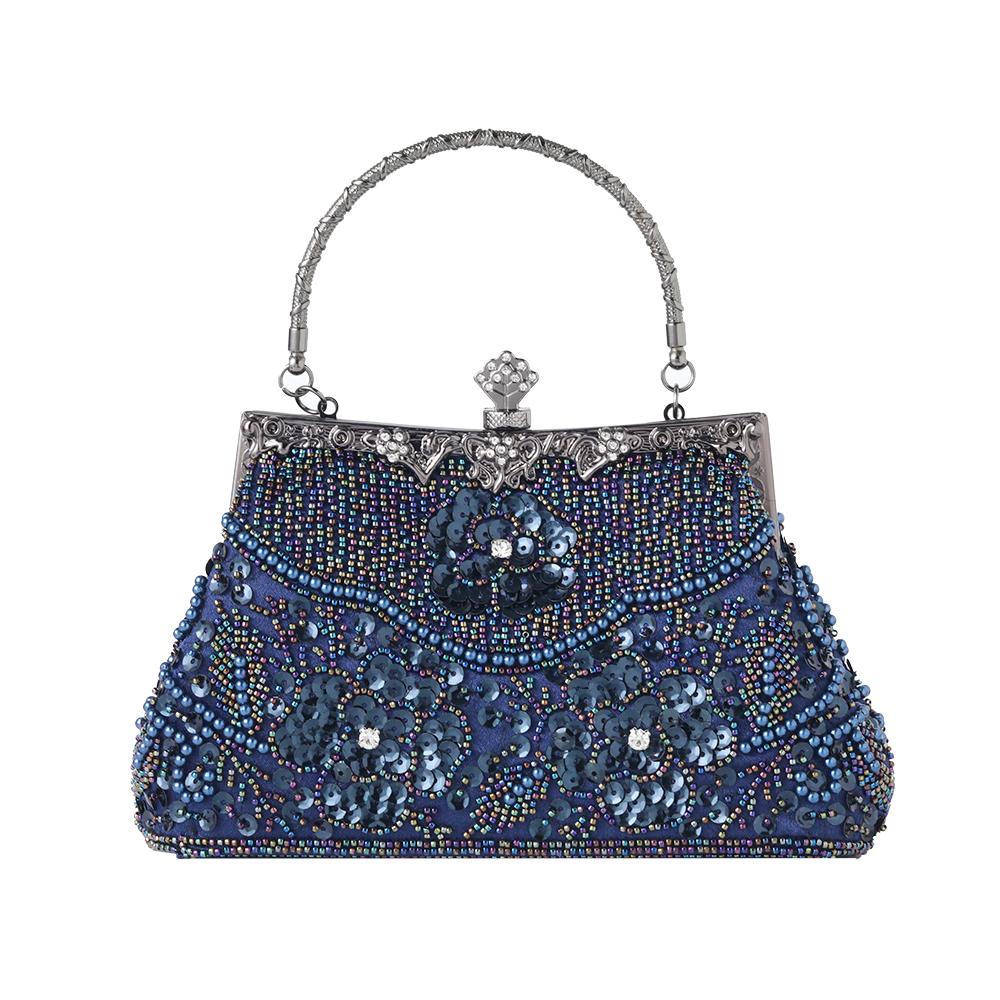 Women Embroidered Beaded Sequin Evening Handbag Vintage Shoulder Bag Purse for Wedding Bridal Prom Party Elegant Top Handle Bag