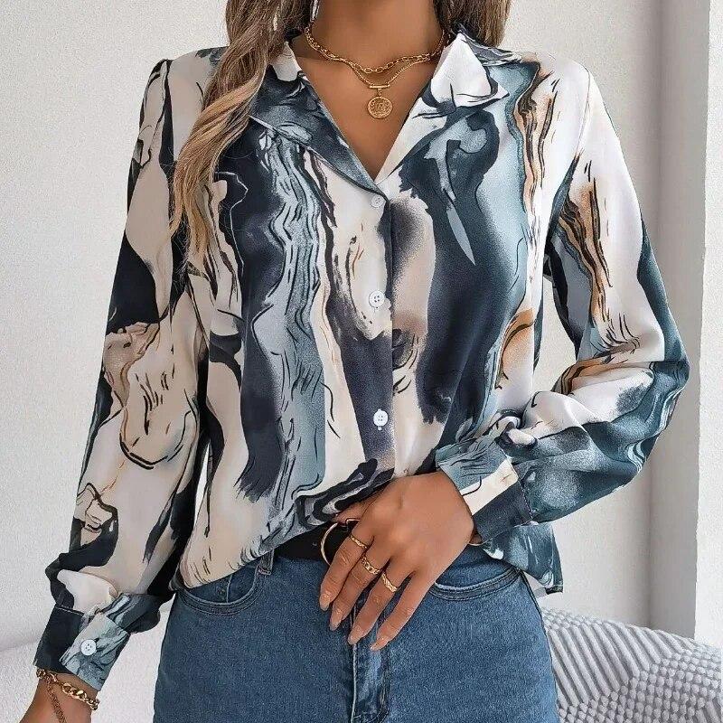 Office Lady Casual Fashion Contrast Color Print Blouse Women Long Sleeve Tops Autumn Winter Elegant Notched Shirt Clothes 28621