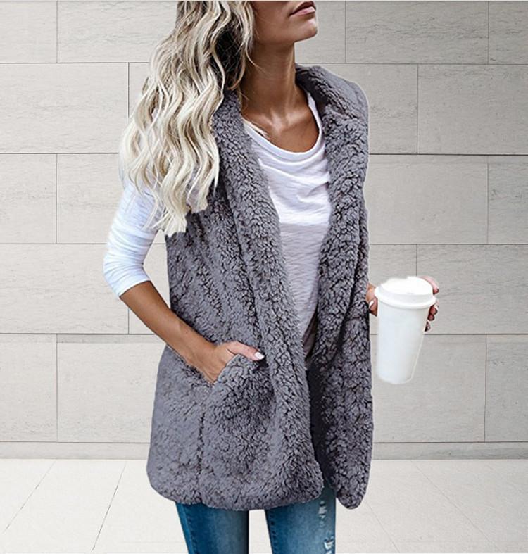 Damen Weste Eleganter Stil Einfarbige Ärmellose Fleeceweste mit Kapuze Mittellange Weste mit Taschen Herbst Winter Übergröße