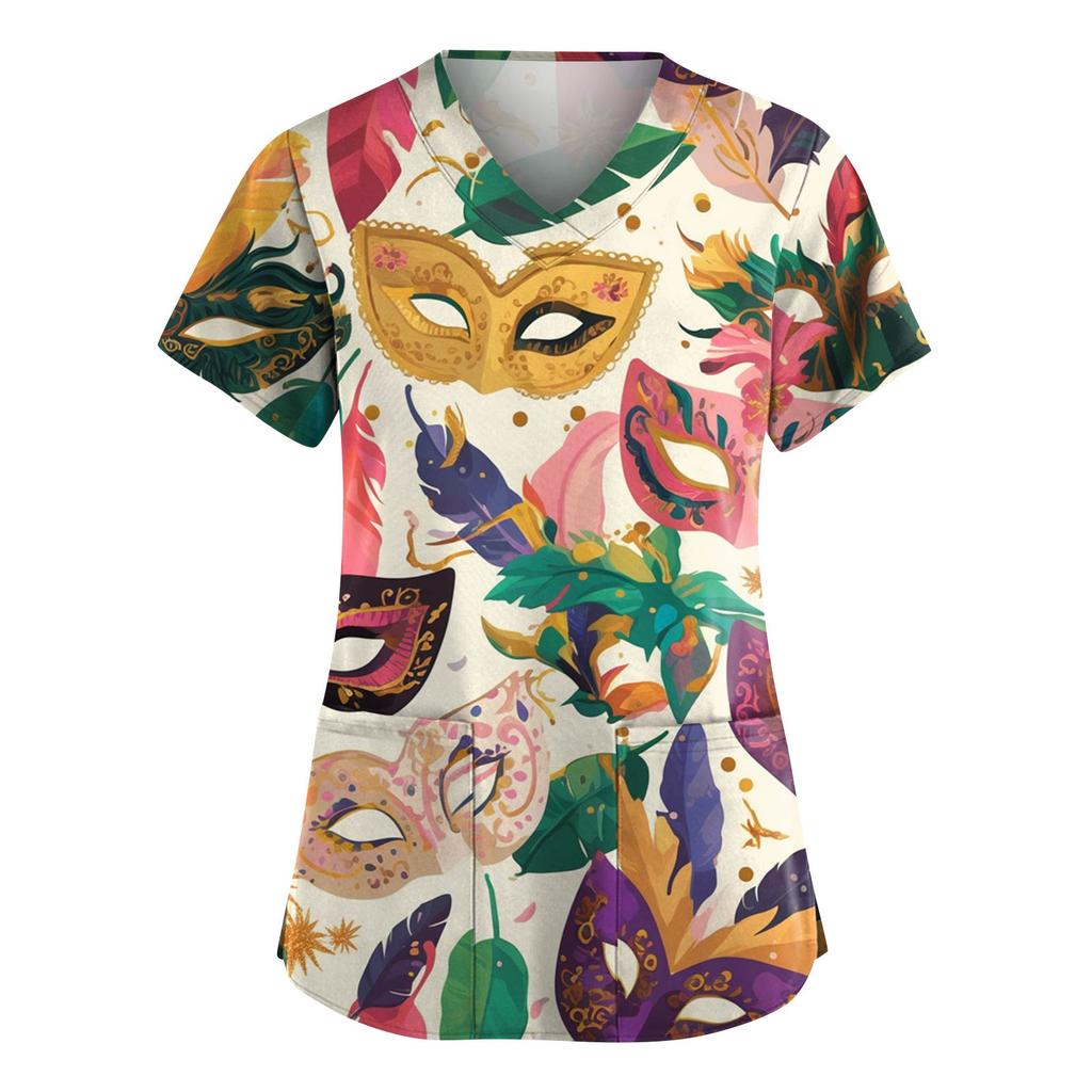 Women's Fashion V-Neck Short-Sleeved Workwear With Pockets Carnival Print Top Caregiver Uniform