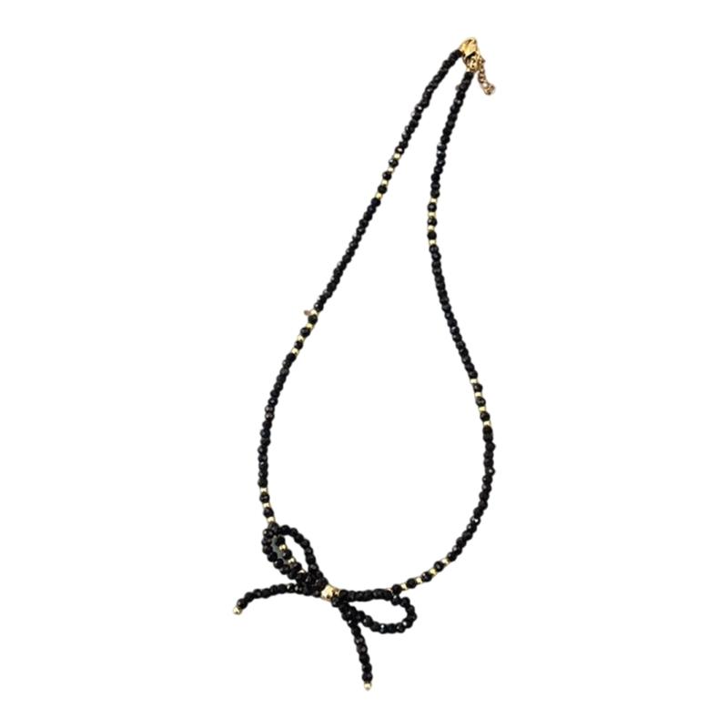 Delicate Beaded Choker Necklace with Bowknot Pendant Stylish Collar Necklaces Adjustable Chain  for Women and Girls