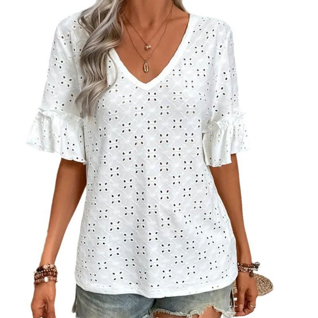 Women's Knit Embroidery Hollow Ruffle V-Neck Short Sleeve Top Women T-Shirt Women