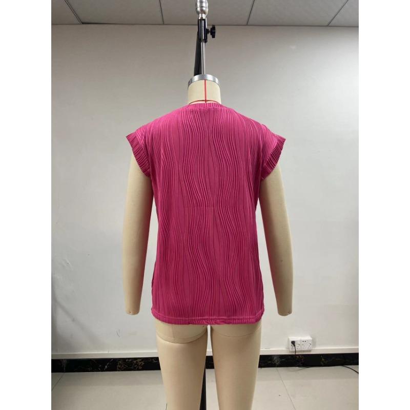 Round Neck Short Sleeved Textured T-shirt Top for Women