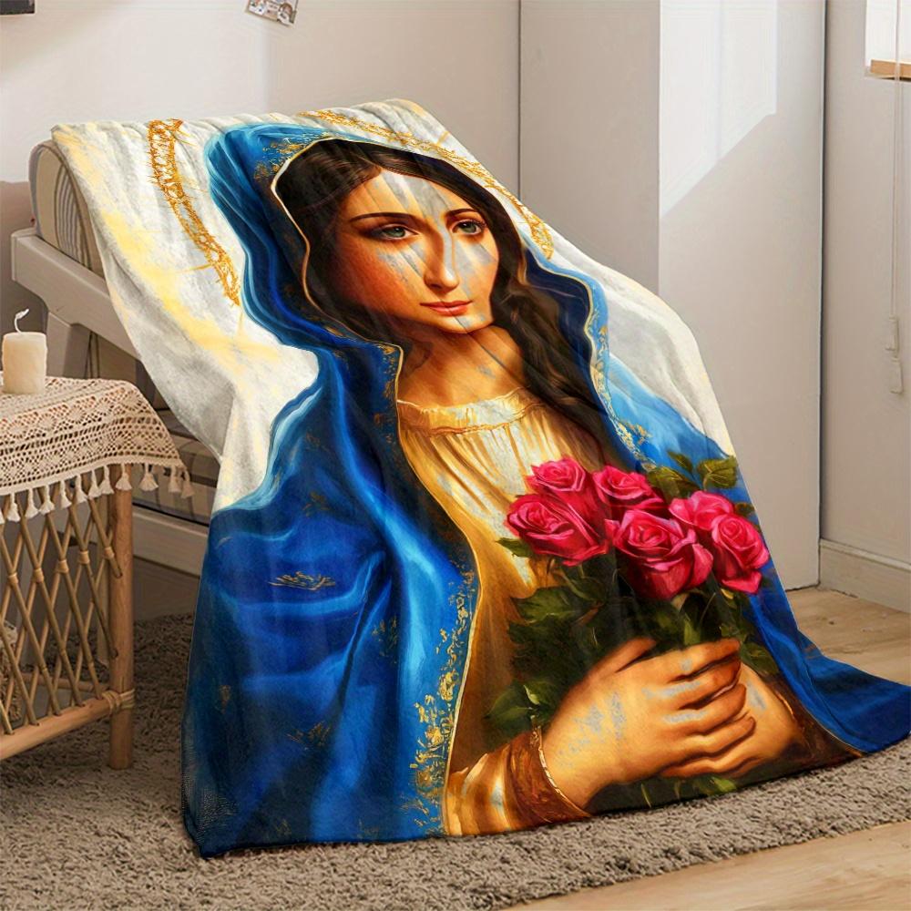 Virgin Mary Religious Portrait Blue Robe Golden Halo Red Roses Holy Artwork Spiritual Flannel Blanket Church decorationChristian