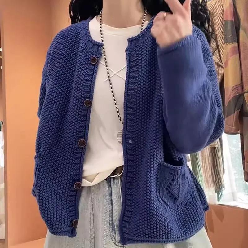 Round Neck Long-sleeved Knitted Cardigan Sweater Jacket for Women Spring Korean Style Loose and Fashionable Age-reducing Top