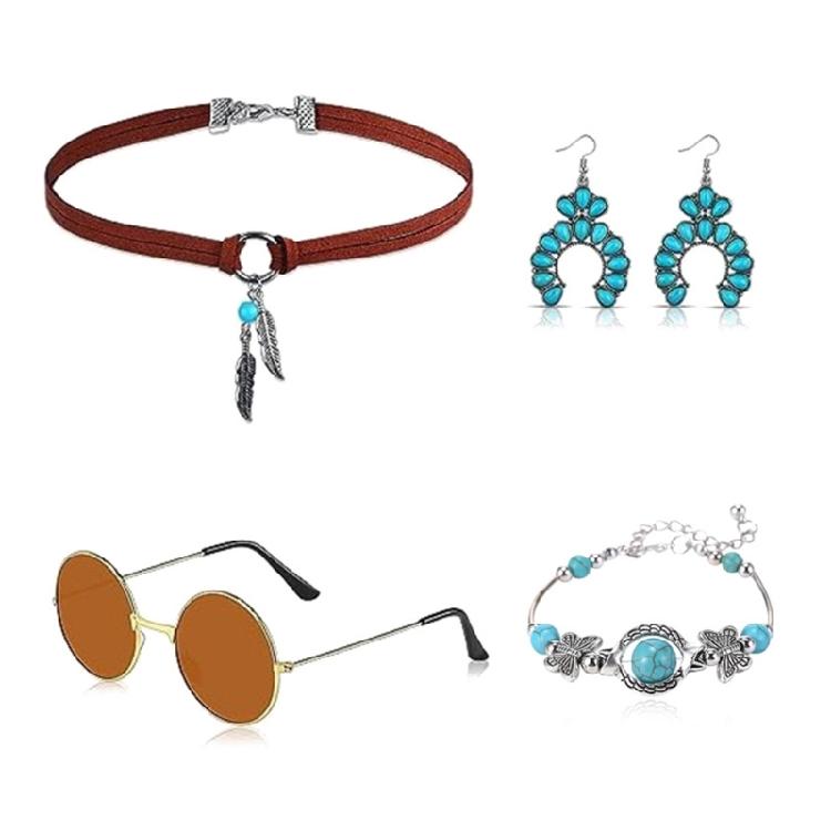 Bohemian Turquoise Jewelry Set Western Turquoise Jewelry Set Drop Earrings Bracelet Headband Sunglass,Choker Necklace