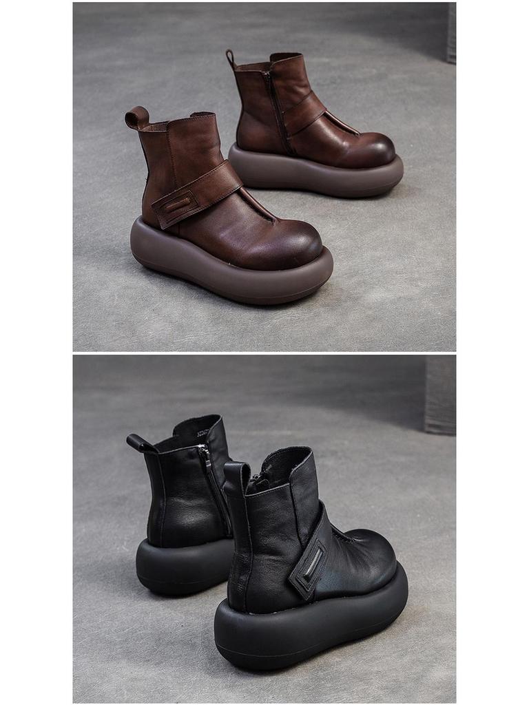 Shanghai Jiechu 2024 Autumn/Winter Cowhide Round Toe Korean Style Women's Boots